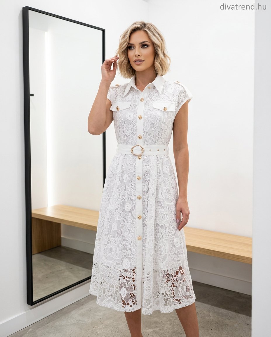 fehér csipke midi nyári ingruha arany gombokkal és övvel