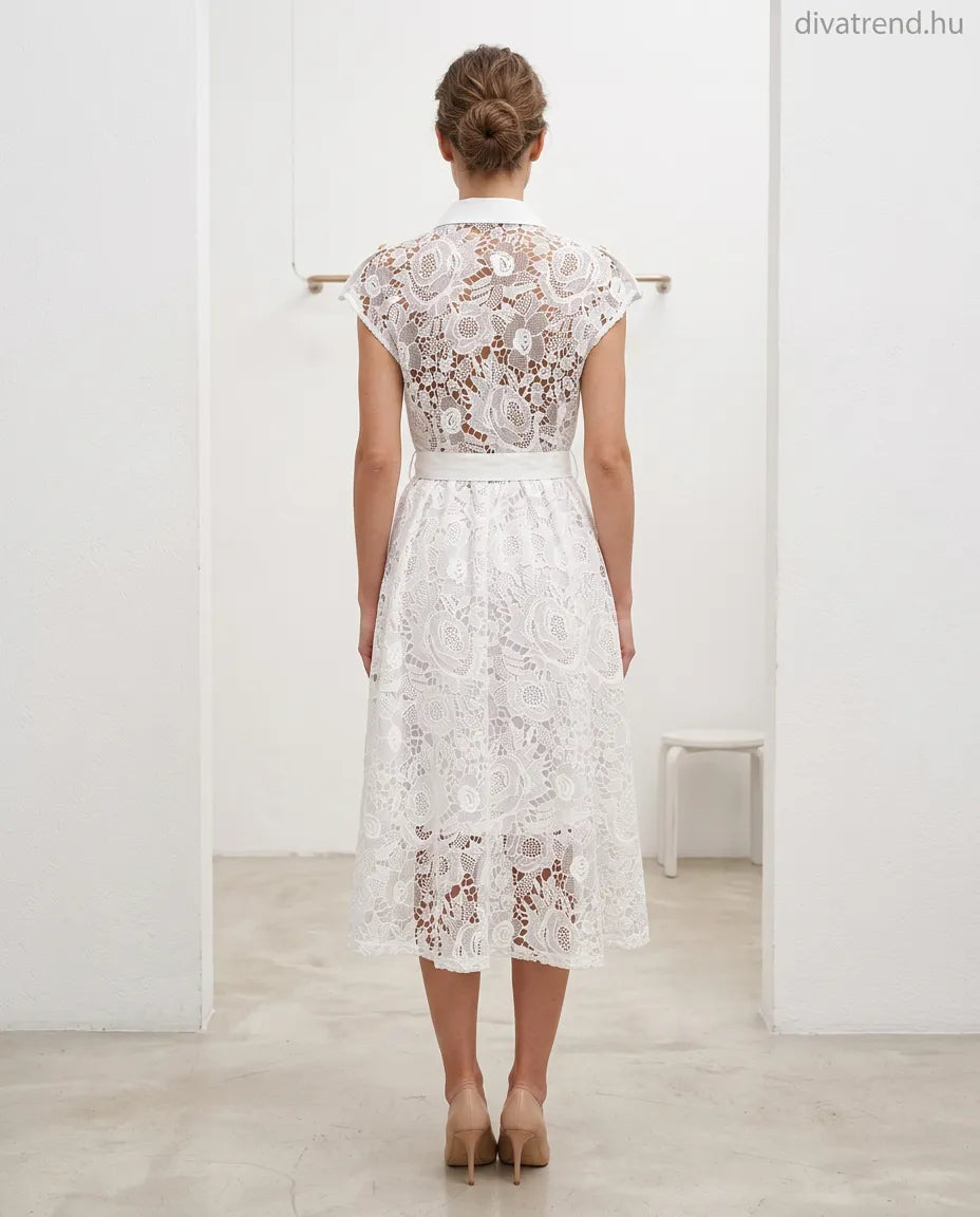 csipke midi nyári ingruha arany gombokkal és övvel hátulról