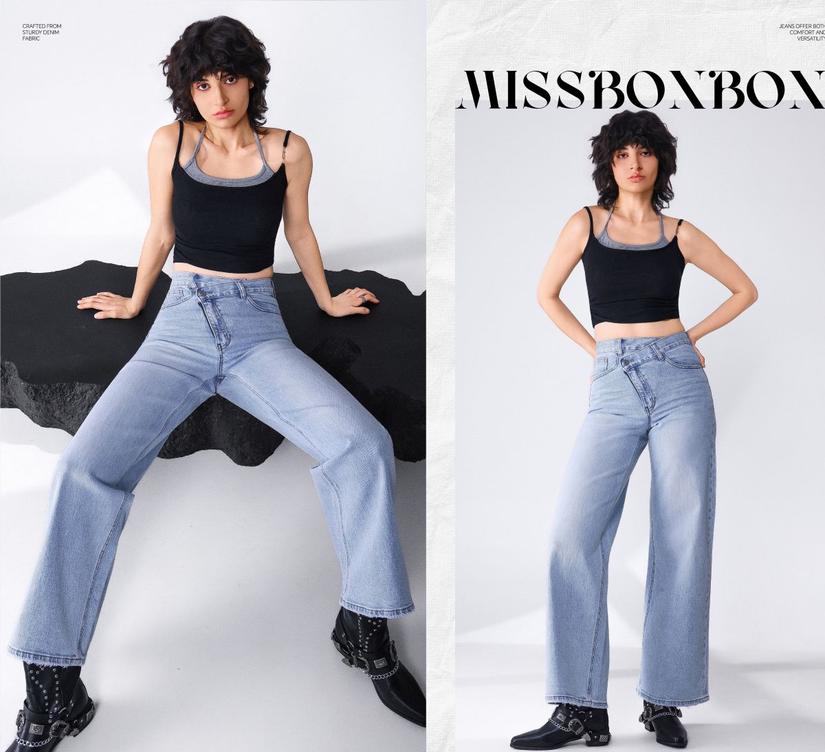 kék bő szárú farmer, asszimetrikus derekú