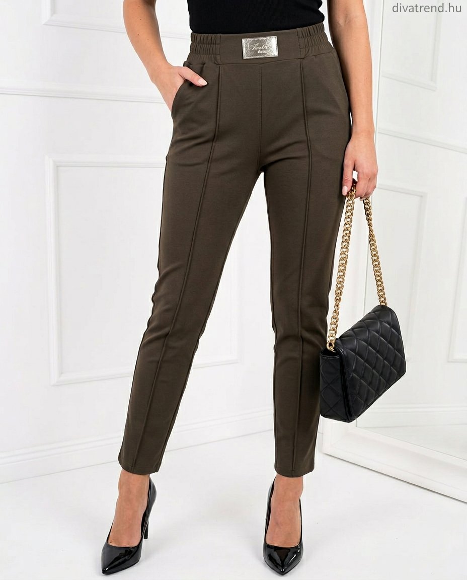 khaki elegáns női pamut chino nadrág, elöl varrott élekkel