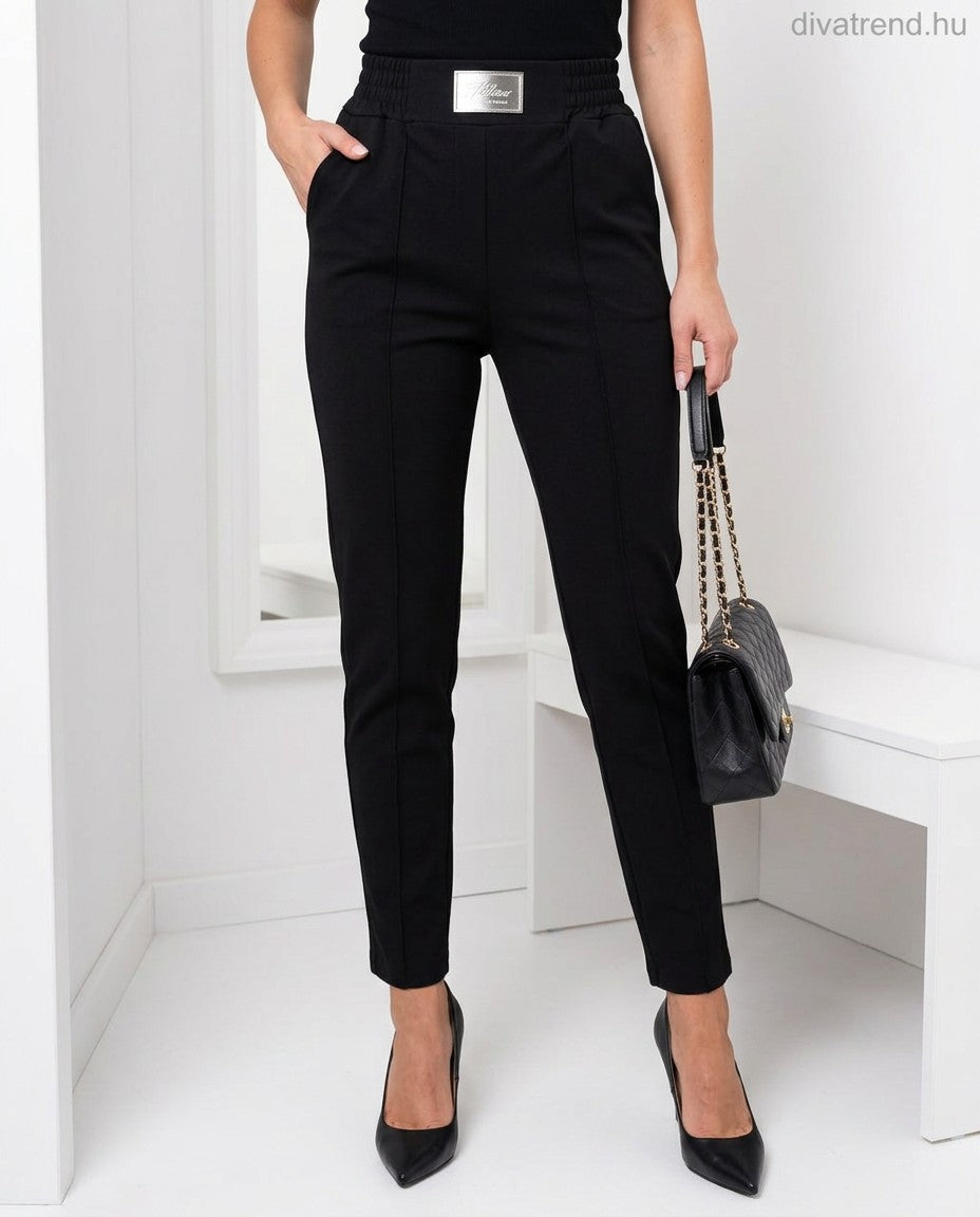 fekete elegáns női pamut chino nadrág, elöl varrott élekkel