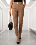 barna közép elegáns női pamut chino nadrág, elöl varrott élekkel