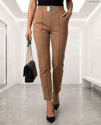 barna közép elegáns női pamut chino nadrág, elöl varrott élekkel