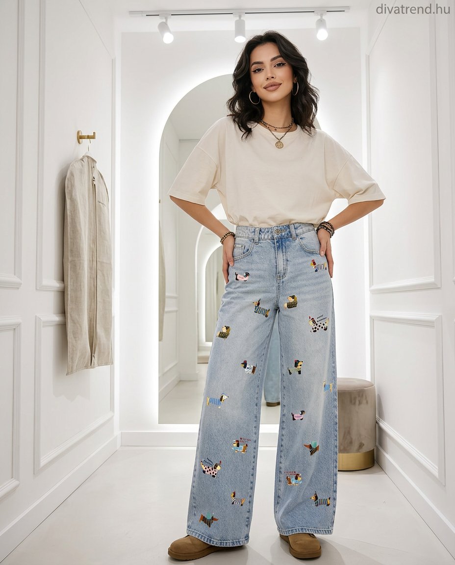 kék kutya mintás wide leg farmer