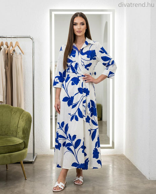 fehértört kék virágmintás nyári viszkóz maxi ruha megkötővel