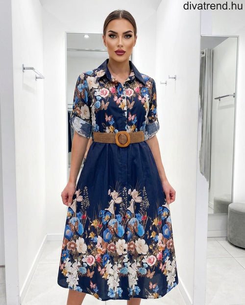 kék sötét virágmintás nyári pamut midi ruha övvel