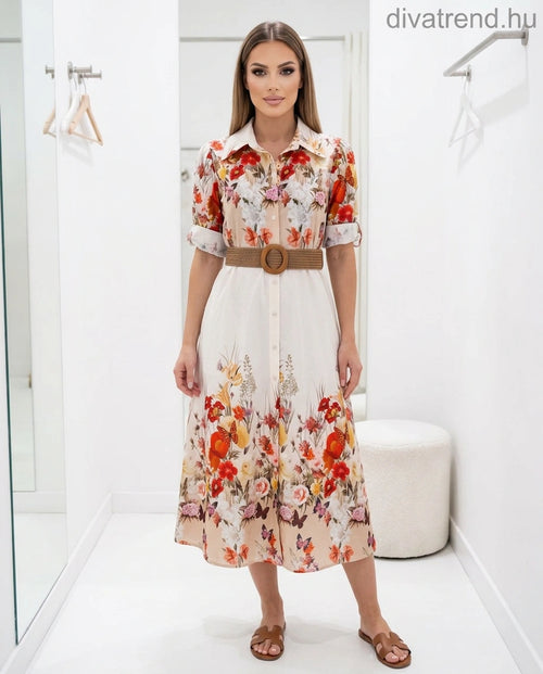 bézs virágmintás nyári pamut midi ruha övvel