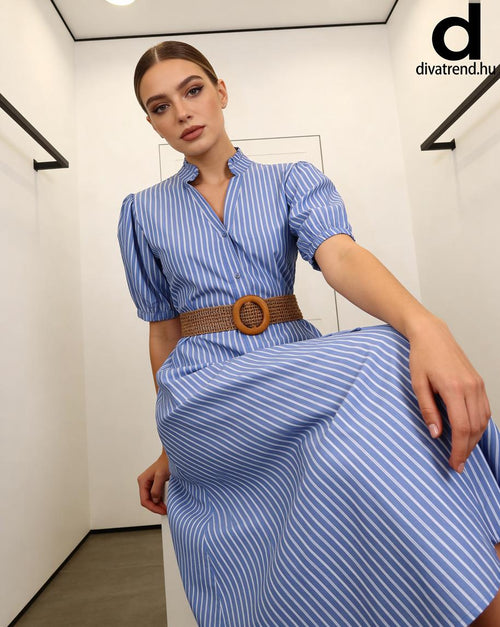 kék csíkos nyári pamut midi ruha övvel