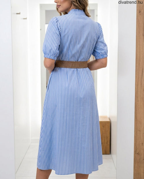 csíkos nyári pamut midi ruha övvel hátulról