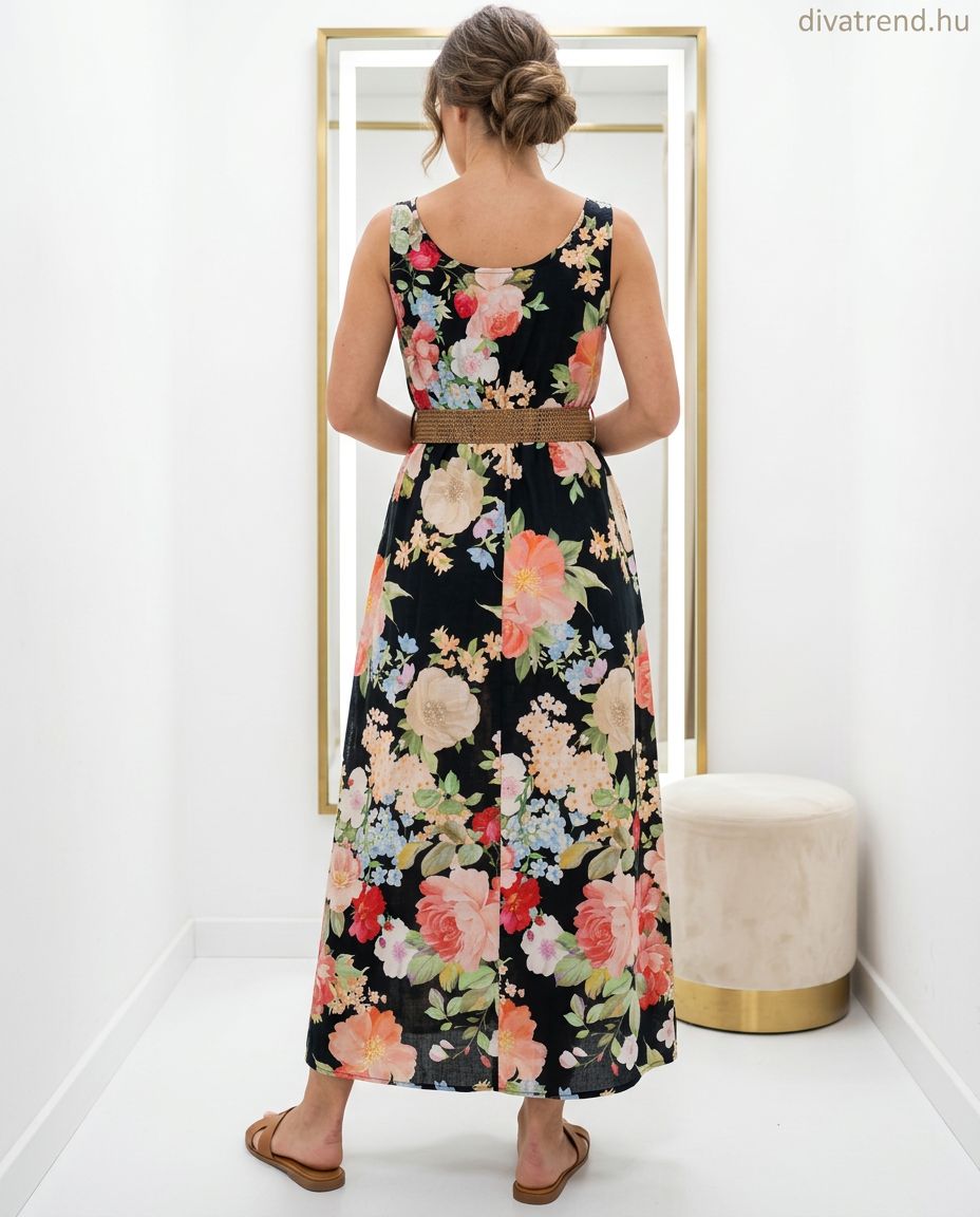 virágmintás nyári pamut maxi ruha, vállpántos, fonott övvel hátulról