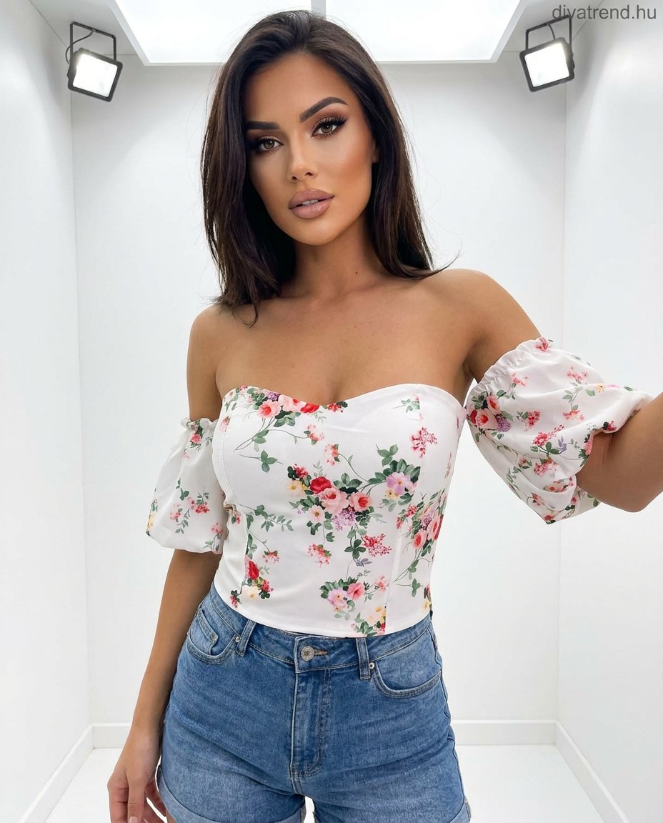fehér virágmintás top, Bardot vállú, puffos rövid ujjú