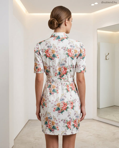 női mini ruha, virágmintás, elasztikus bengalin anyagú hátulról
