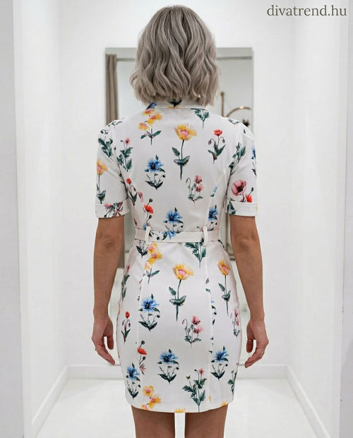 női mini ruha, mezei virágokkal, elasztikus bengalin anyagú hátulról