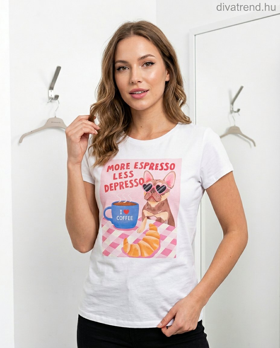 fehér kutyás női pamut póló More Espresso Less Depresso