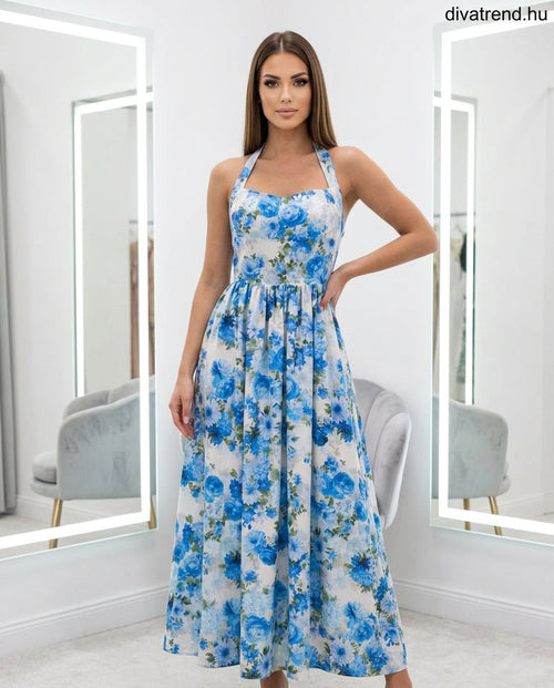 fehér kék virágmintás nyári maxi ruha, nyakpántos