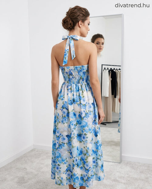 virágmintás nyári maxi ruha, nyakpántos hátulról