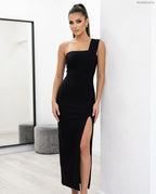 fekete félvállú bandage maxi ruha, alakformáló, felsliccelt