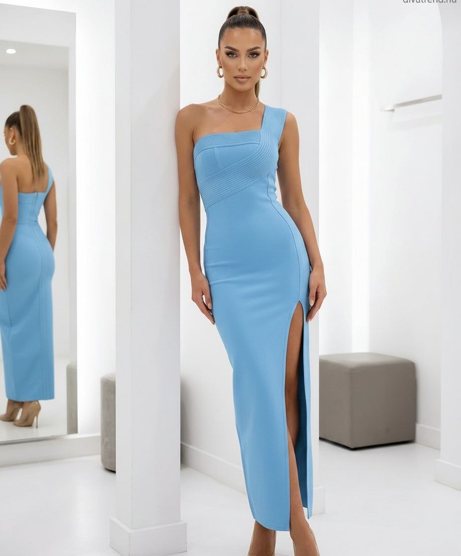 kék félvállú bandage maxi ruha, alakformáló, felsliccelt