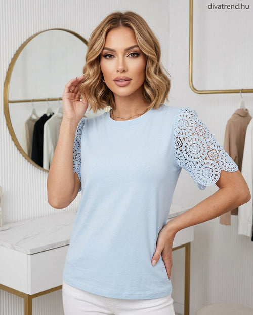 kék csipke ujjú női pamut póló