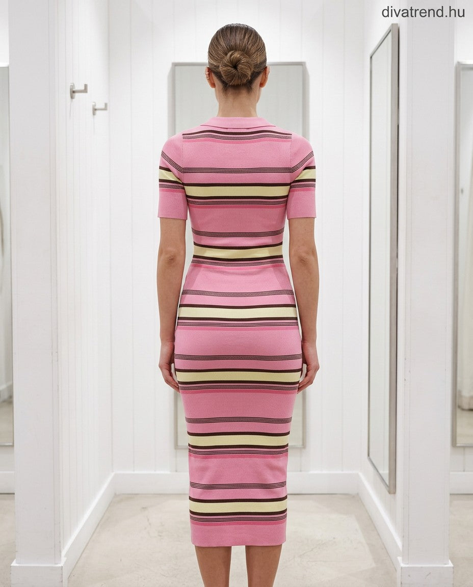 csíkos szűk midi ruha, vékony kötött anyagú hátulról