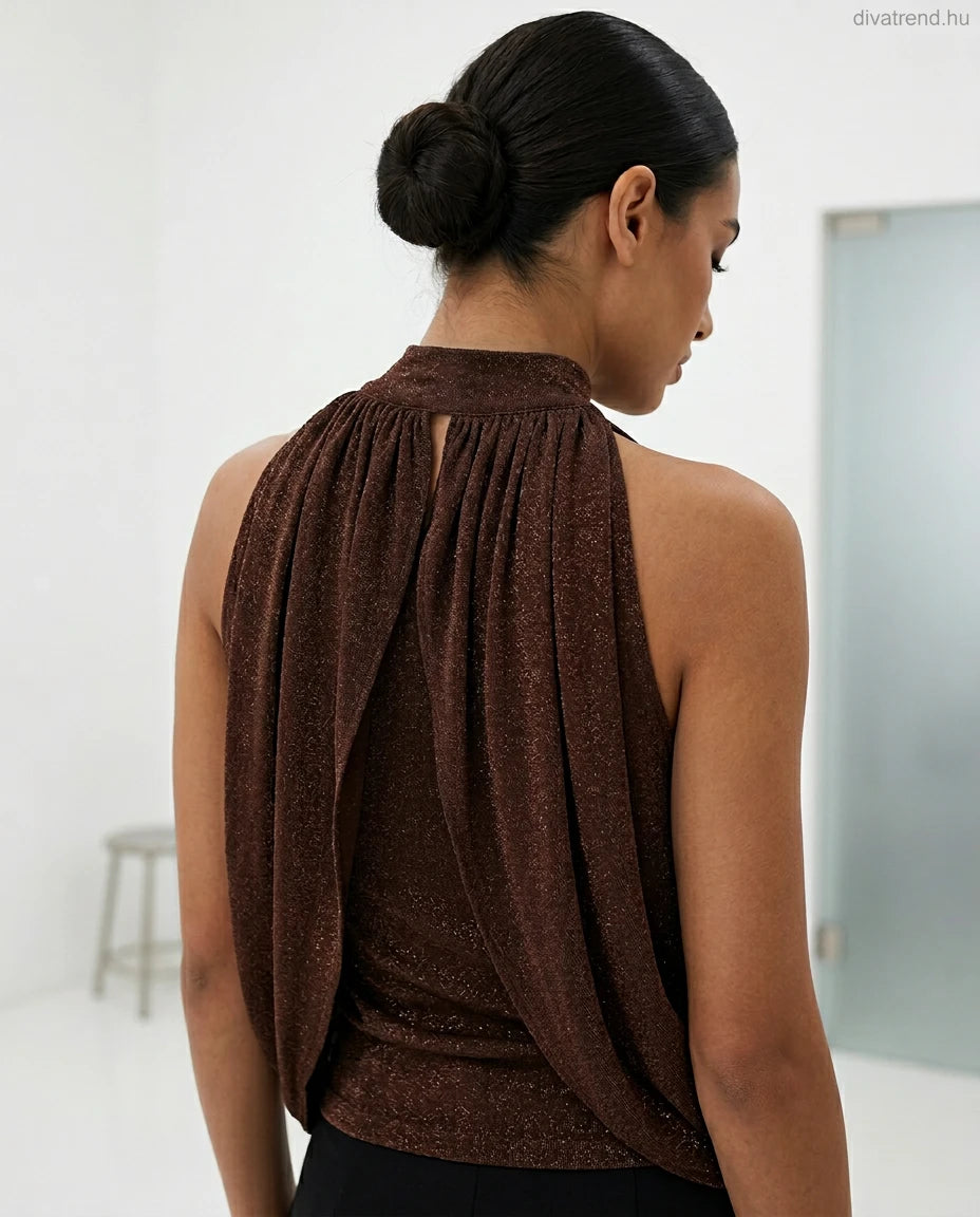 csillogó lurex top, nyakpántos, redőzött hátulról