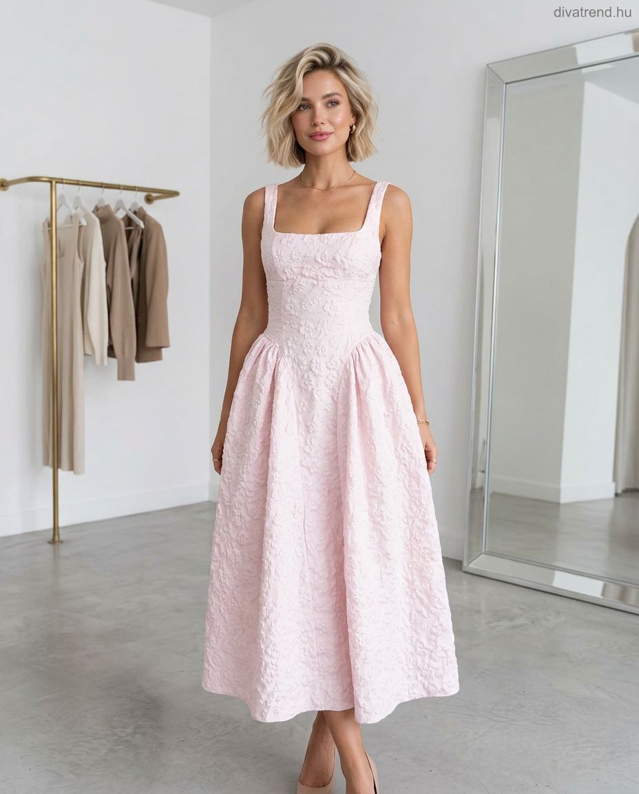 pink texturált virágmintás midi ruha vállpántos