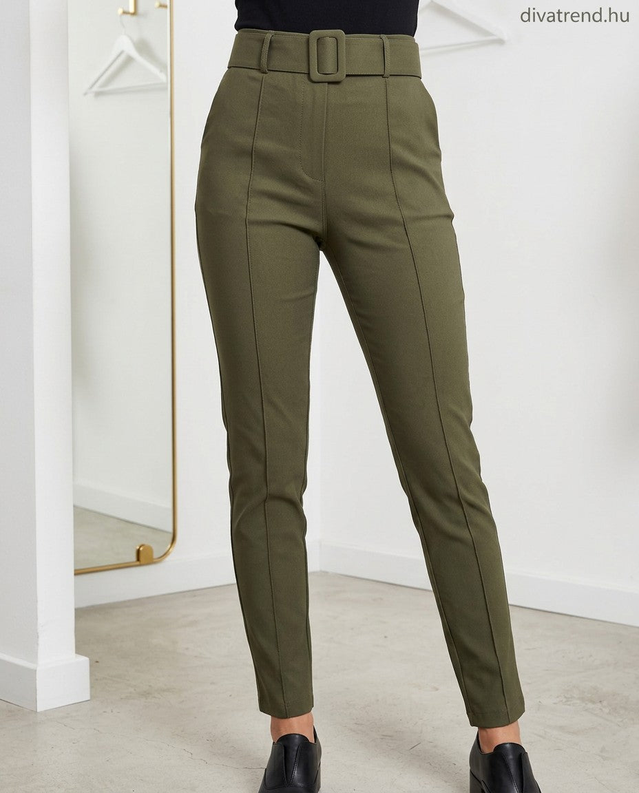 khaki elegáns női nadrág övvel, bengalin anyagú, elöl varrott élekkel