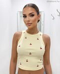 sárga bordás pamut crop top, hímzett cseresznye mintával