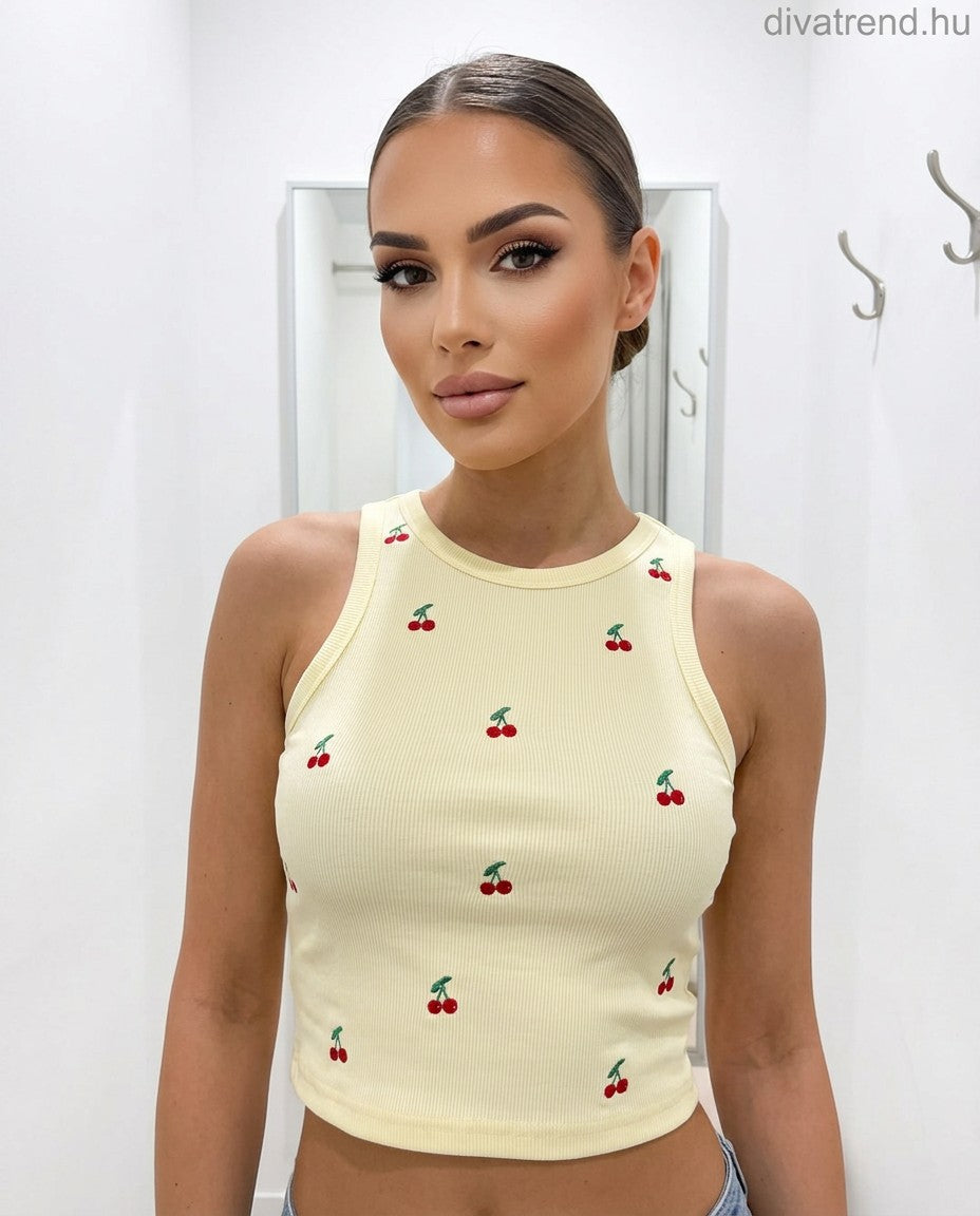 sárga bordás pamut crop top, hímzett cseresznye mintával