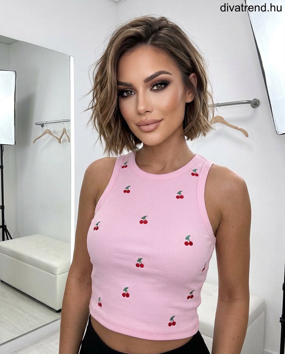 pinklight bordás pamut crop top, hímzett cseresznye mintával