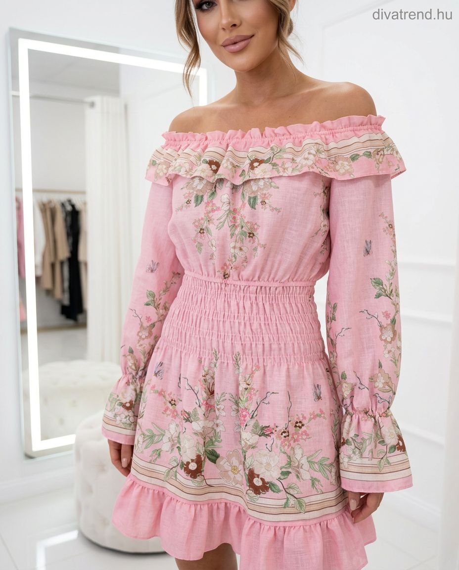 pink virágmintás nyári mini ruha, ejtett vállú, hosszú ujjú