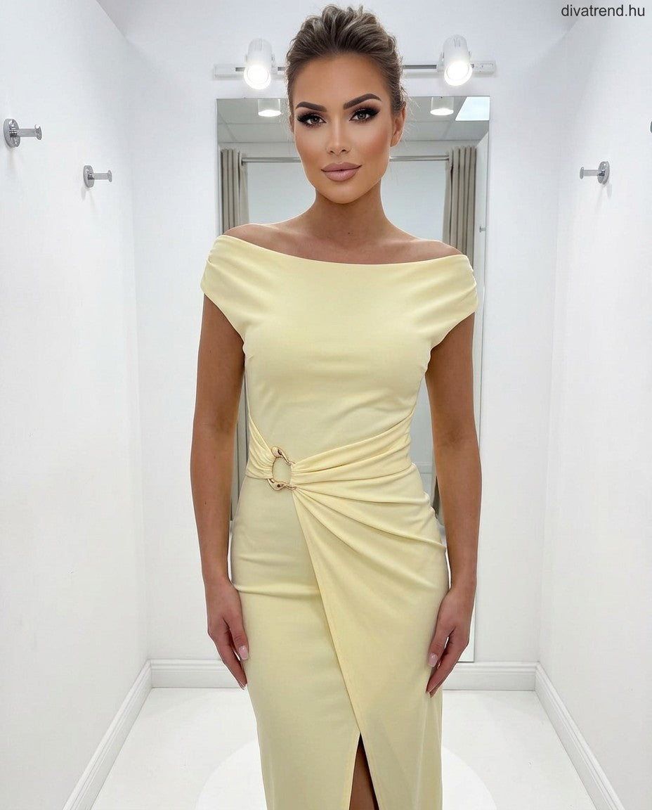 sárga elegáns midi ruha fémcsattal, ujjatlan, szűk, felsliccelt