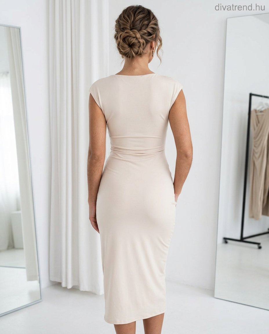 elegáns midi ruha fémcsattal, ujjatlan, szűk, felsliccelt hátulról