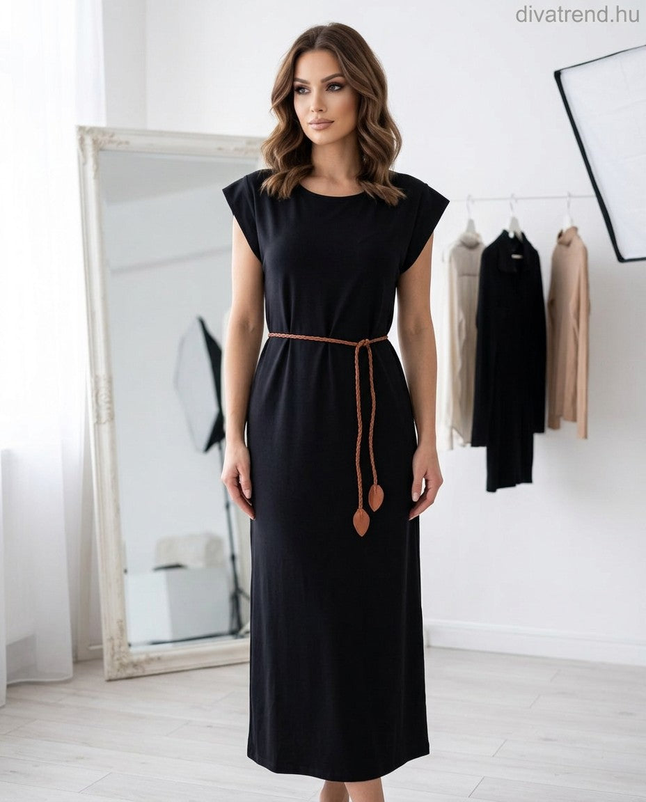 fekete nyári pamut maxi ruha fonott megkötővel