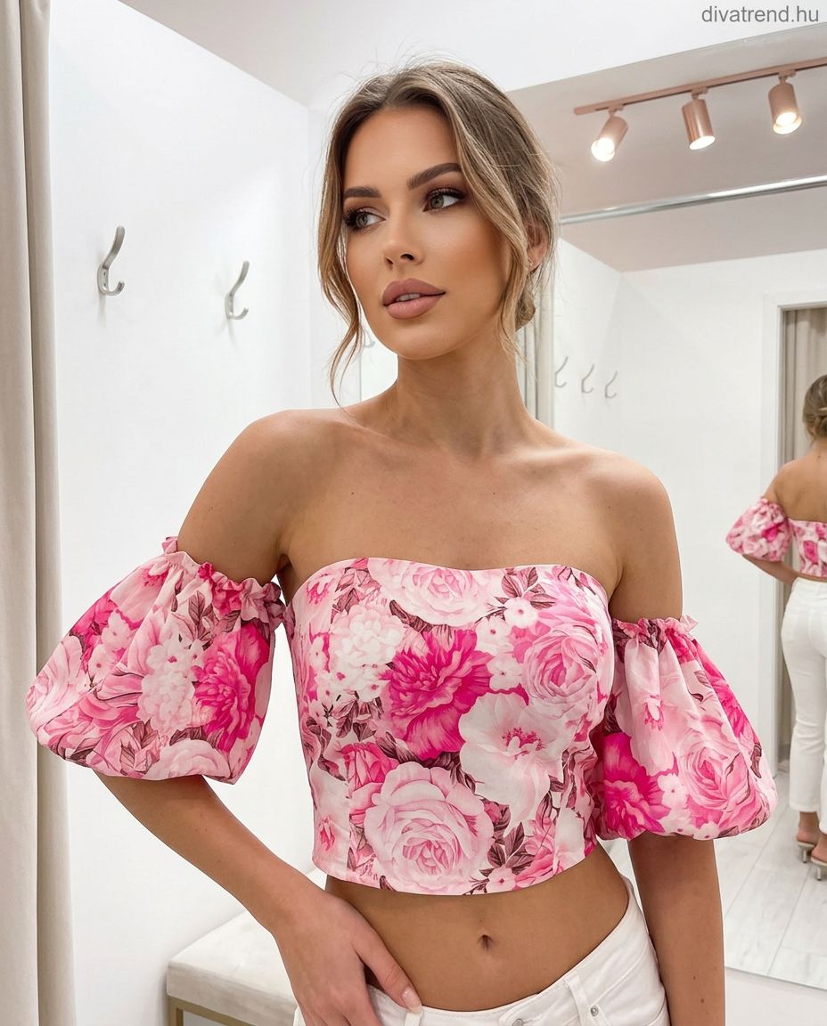 fehér pink virágmintás top, Bardot vállú, puffos rövid ujjú