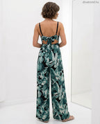egzotikus levélmintás nyári női hosszú overál, vállpántos hátulról