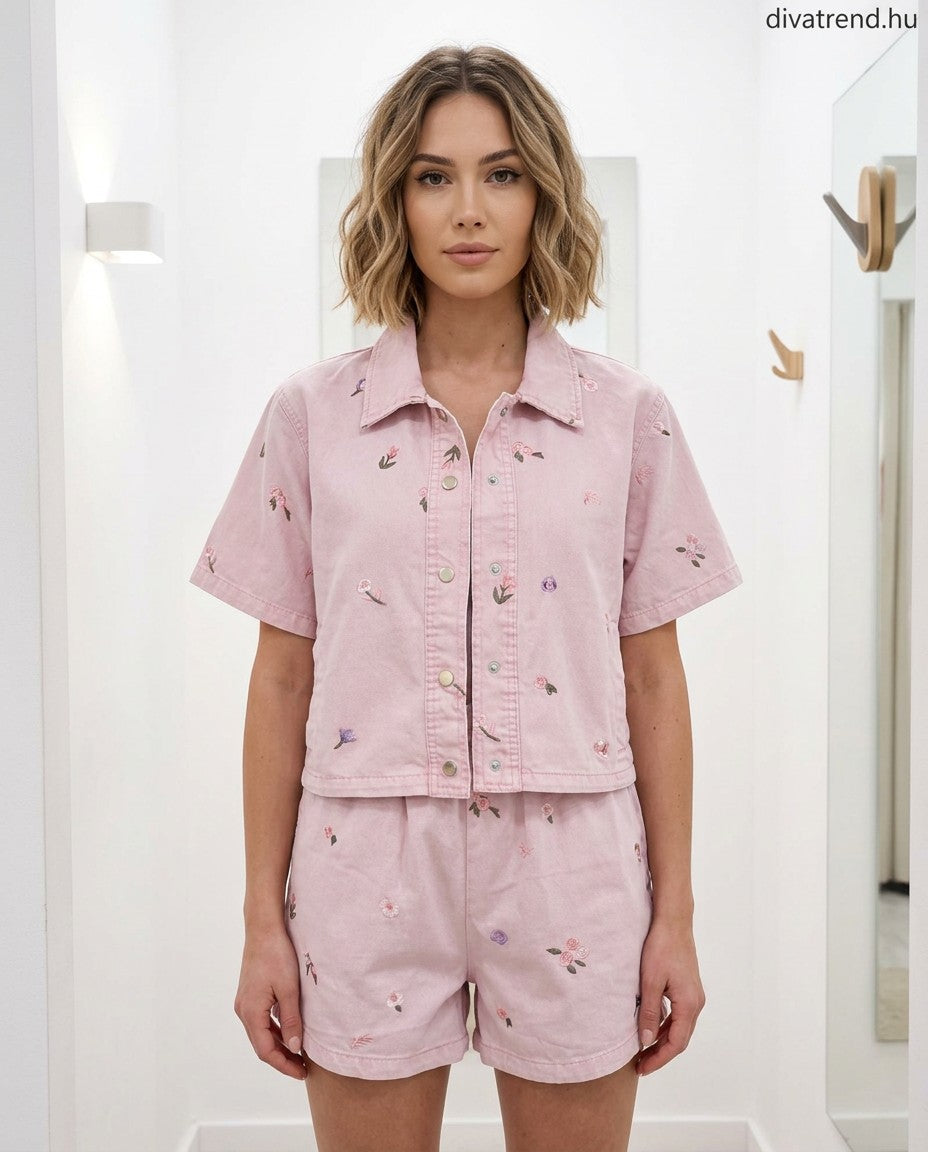pink női nyári rövid farmer szett virág mintával