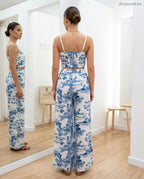 tájkép mintás női nyári szett, bőszárú hosszúnadrág és crop top hátulról