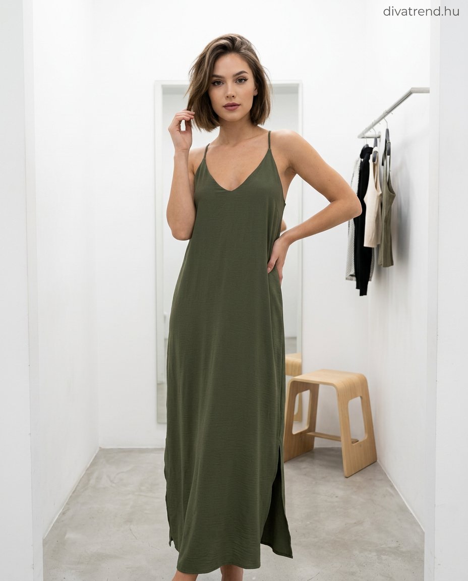 khaki spagettipántos felsliccelt nyári maxi ruha