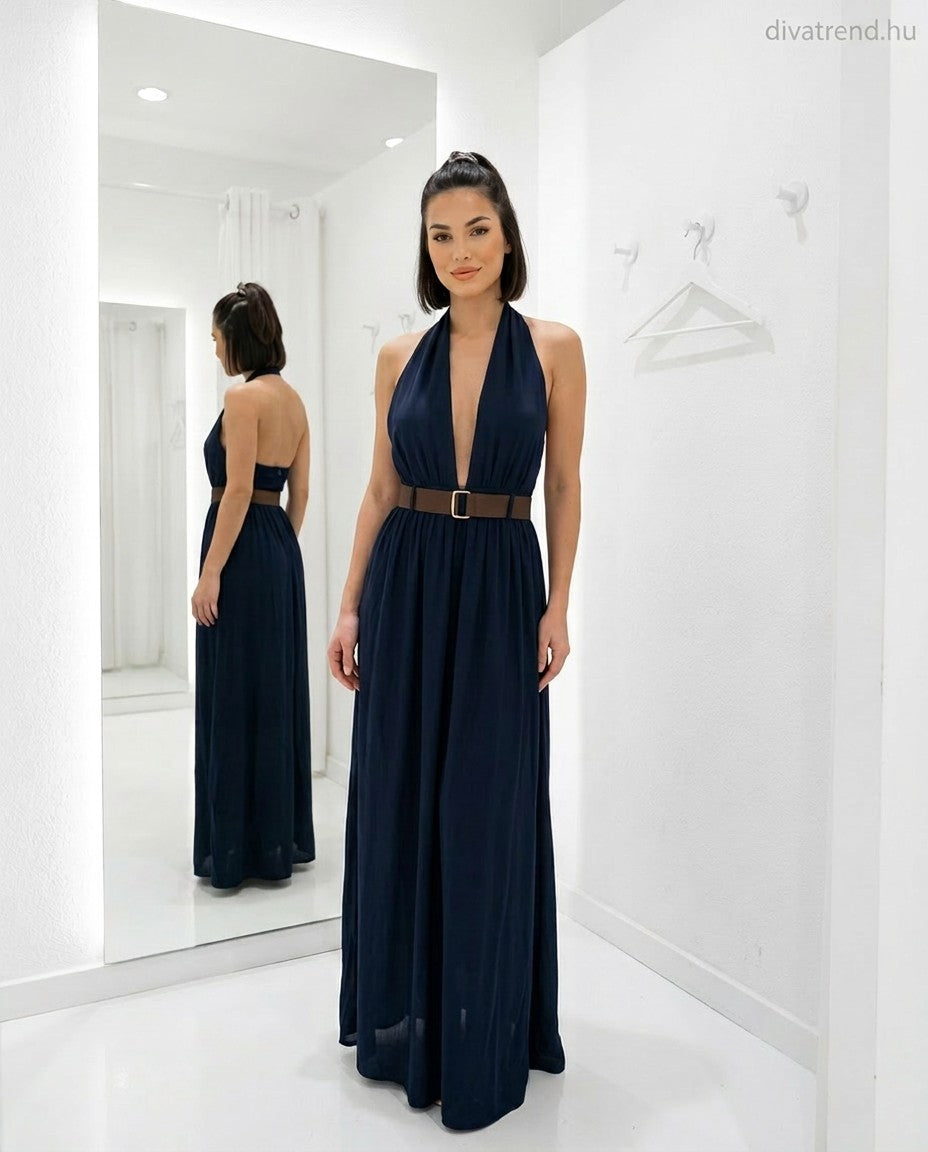 kék sötét elegáns női viszkóz overál övvel, nyakpántos, bőszárú