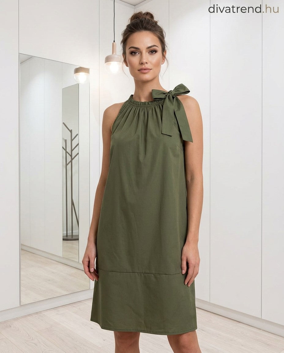 khaki nyári pamut shift térd ruha