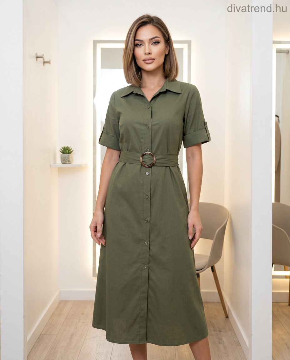 khaki nyári pamut midi ingruha övvel