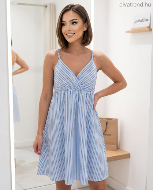 fehér kék csíkos nyári babydoll miniruha