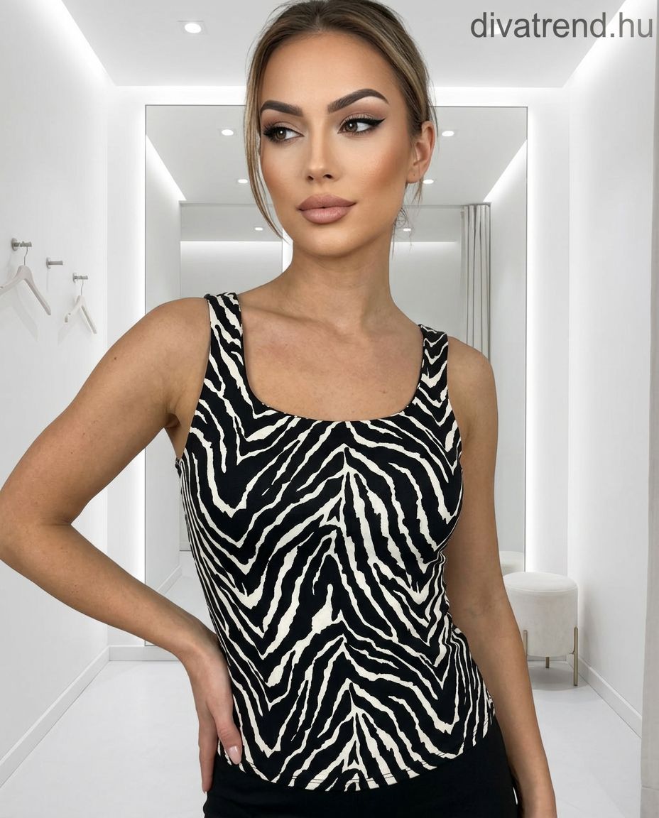 fekete zebra mintás viszkóz top