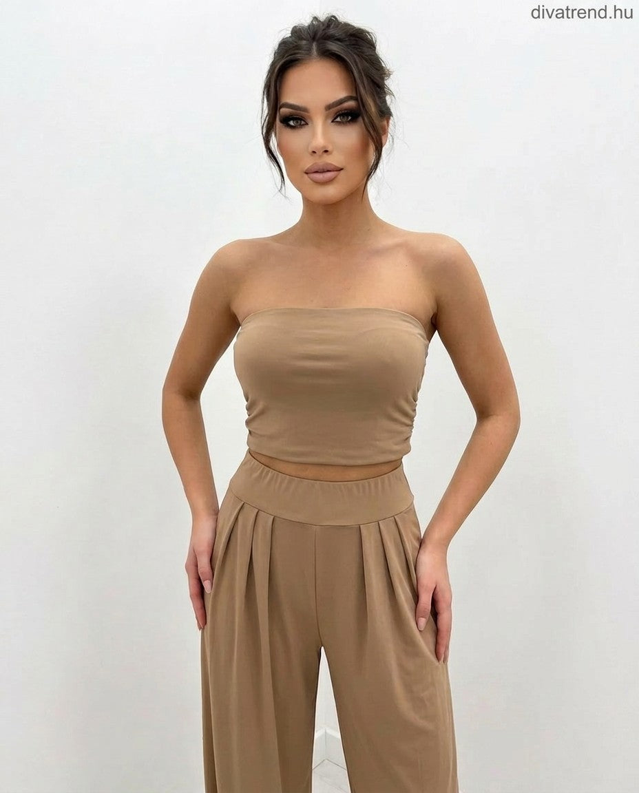 barna világos viszkóz nyári női szett, crop top és hosszú nadrág