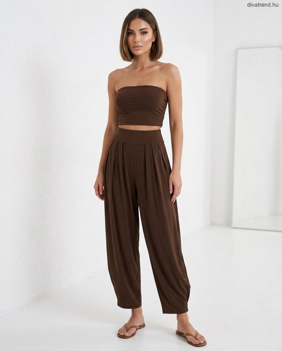 barna viszkóz nyári női szett, crop top és hosszú nadrág