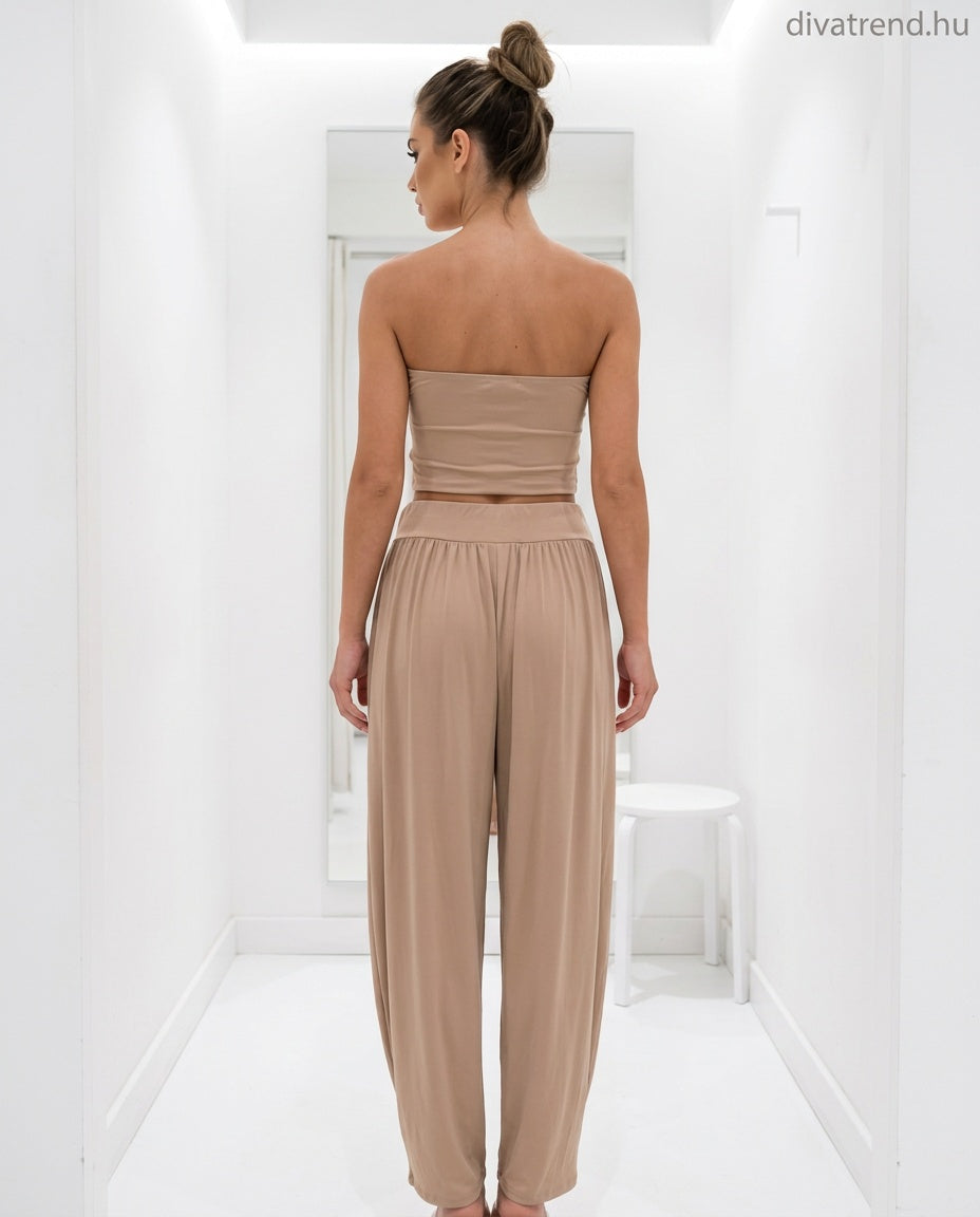 viszkóz nyári női szett, crop top és hosszú nadrág hátulról