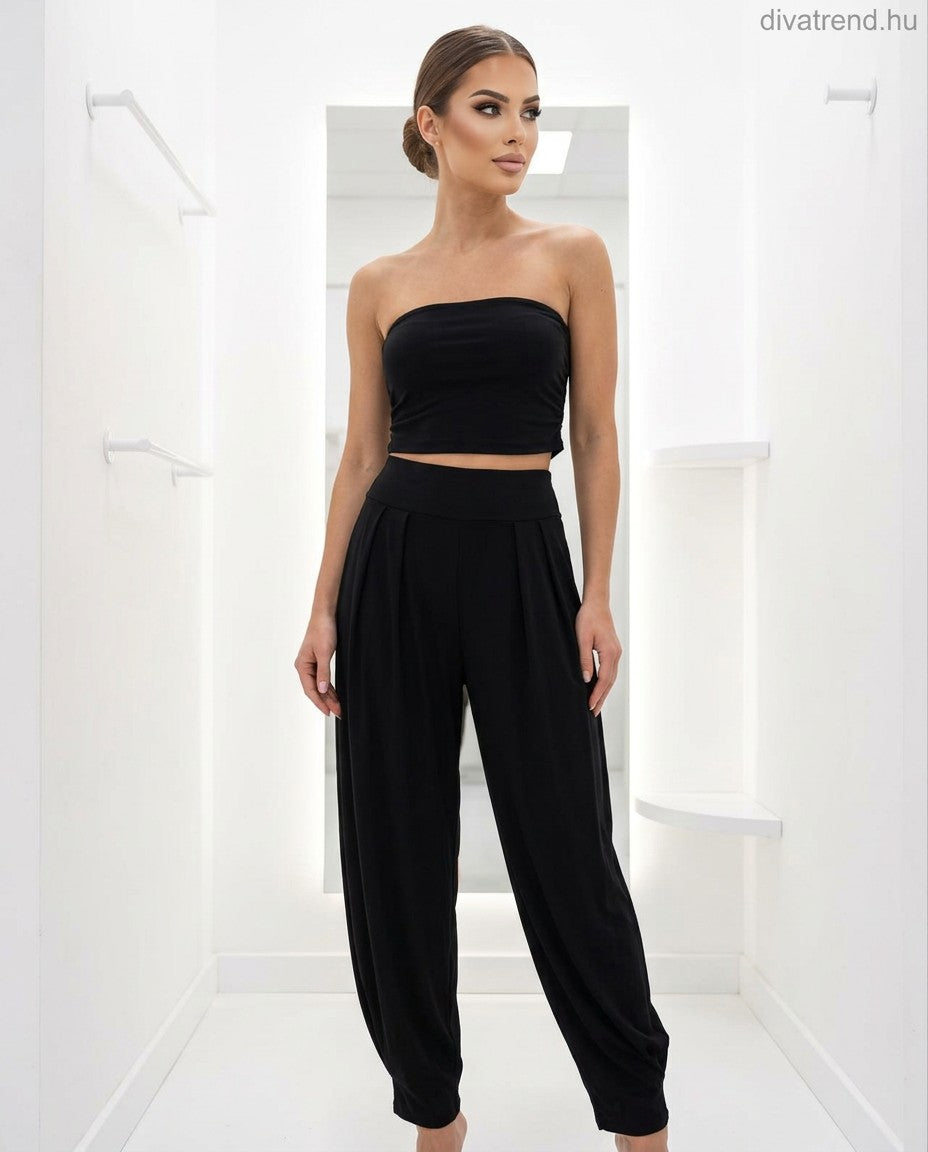 fekete viszkóz nyári női szett, crop top és hosszú nadrág