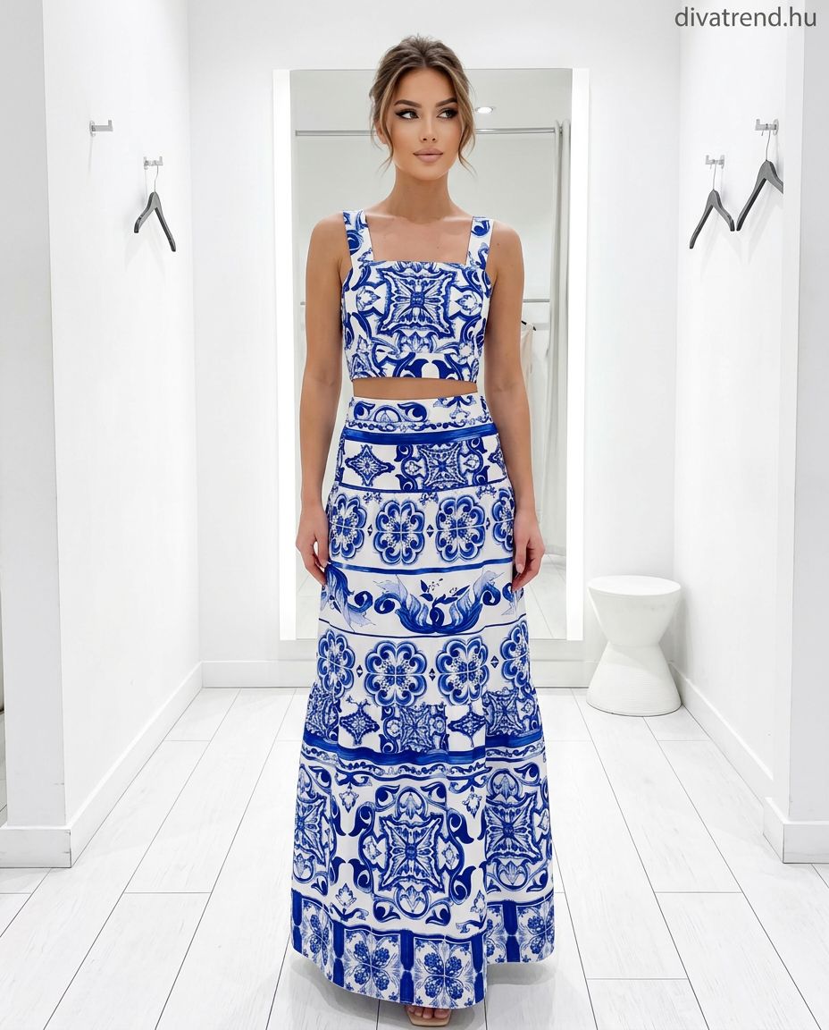 fehér kékkirály majolika mintás női nyári szett, crop top és maxi szoknya