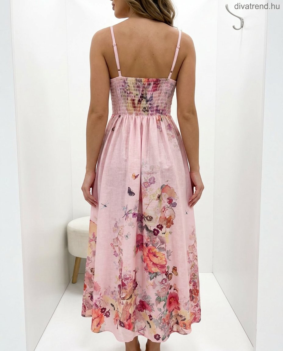 virágmintás nyári maxiruha, spagettipántos hátulról